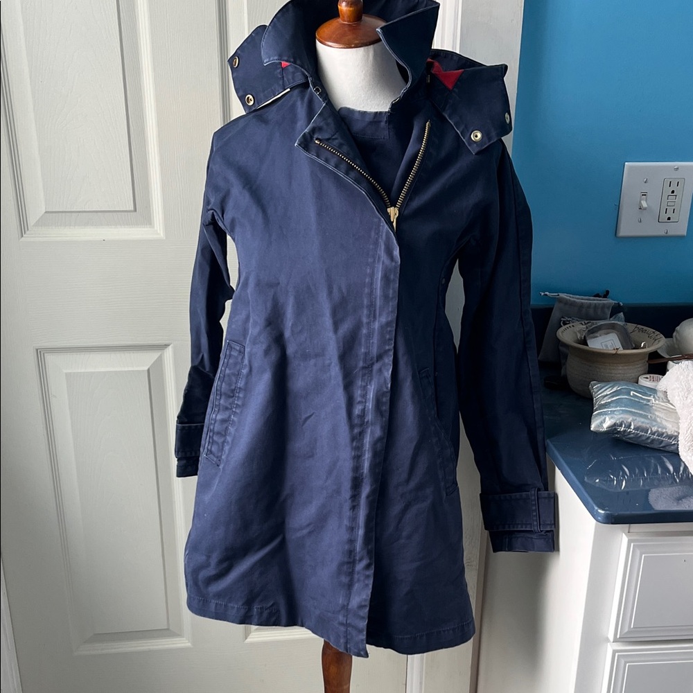 J. Crew Dark Blue Utility Jacket with Vibrant Red Interior
